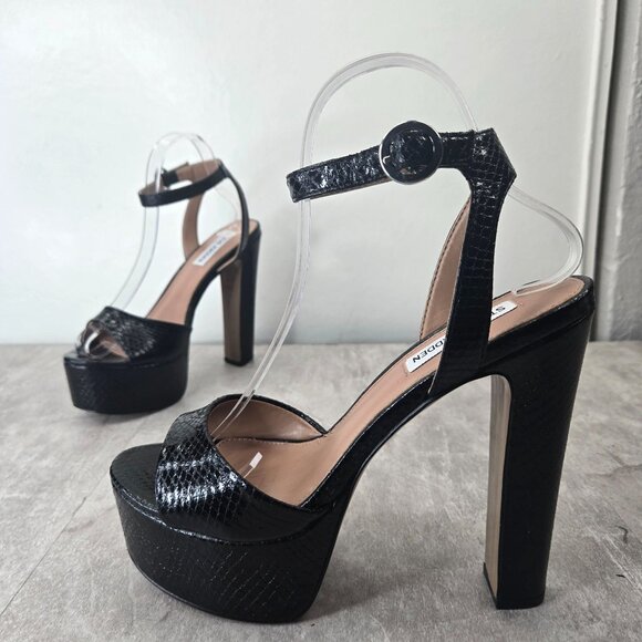 Steve Madden Chunky Platform Heels 8 Black Croc Dressy Formal High Heeled Shoes - Picture 2 of 12
